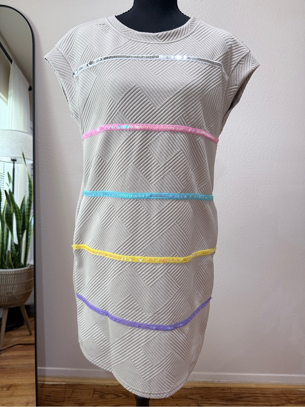 Beige Mini Dress with‎ Colorful Sequin Stripes